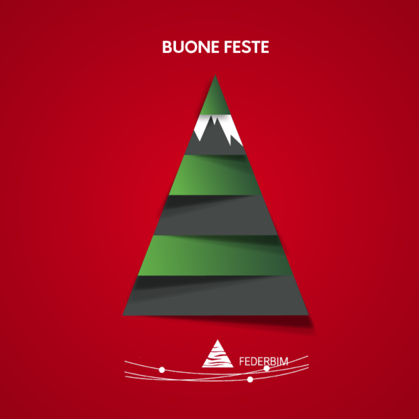 Buone feste card natalizia social design rosso albero di natale montagna Federbim