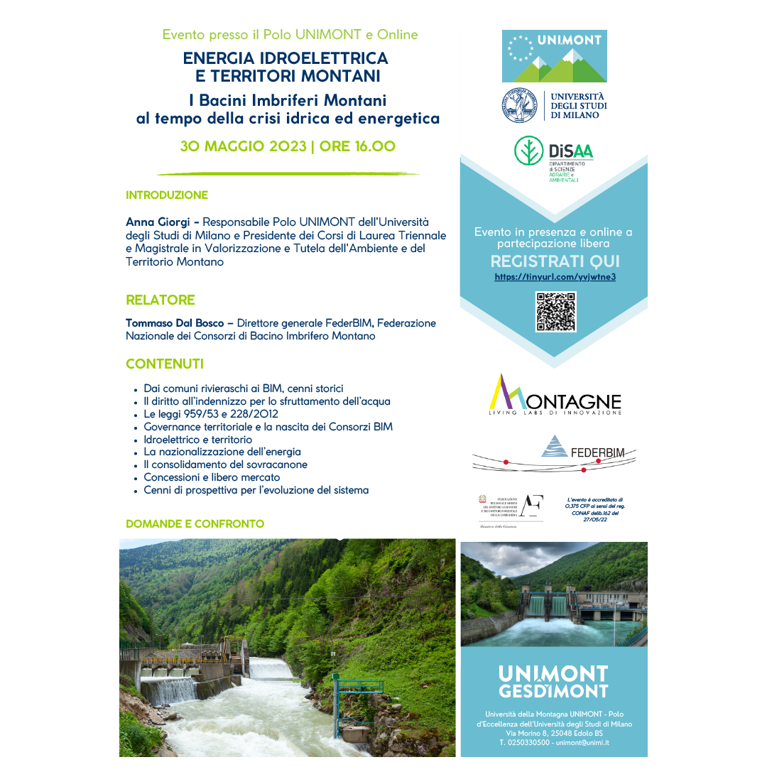 ENERGIA IDROELETTRICA E TERRITORI MONTANI evento federbim unimont la statale di Milano